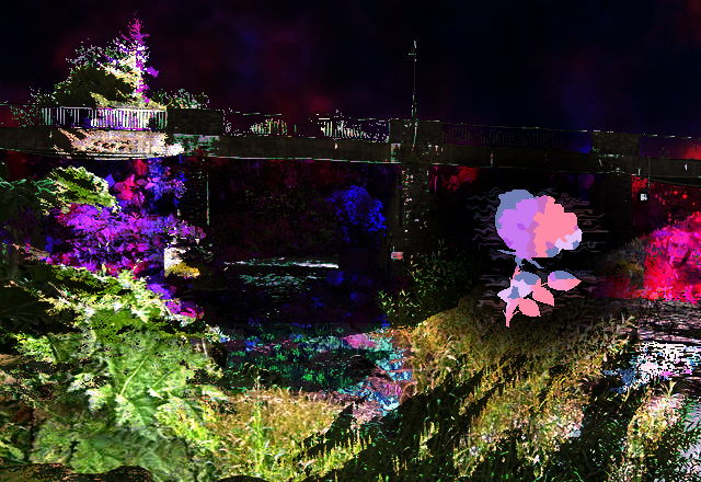 Extremely distorted low-quality JPEG of a bridge