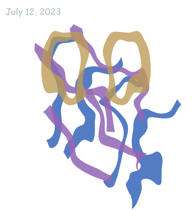 A series of seemingly-random blue, pink, and yellow curves.