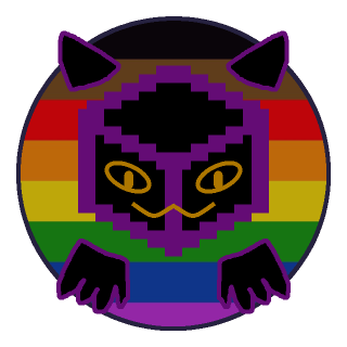 Black cube with a purple outline and yellow facial features, with purple outlines of hands haphazardly drawn, with a circular philly pride flag behind it.