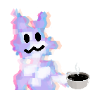A glittery multi-colored furry holding a mug of steaming coffee.